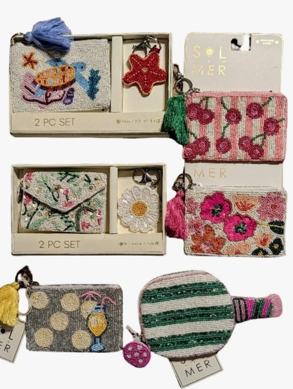 Sol and Mer Hand-beaded Zipper Coin Purse & Bag Charm 8pc Lot